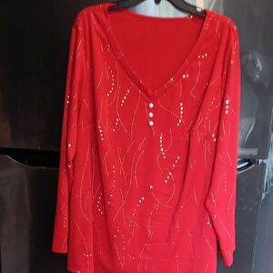 Red Embellished Graphic Blouse with Full Sleeves